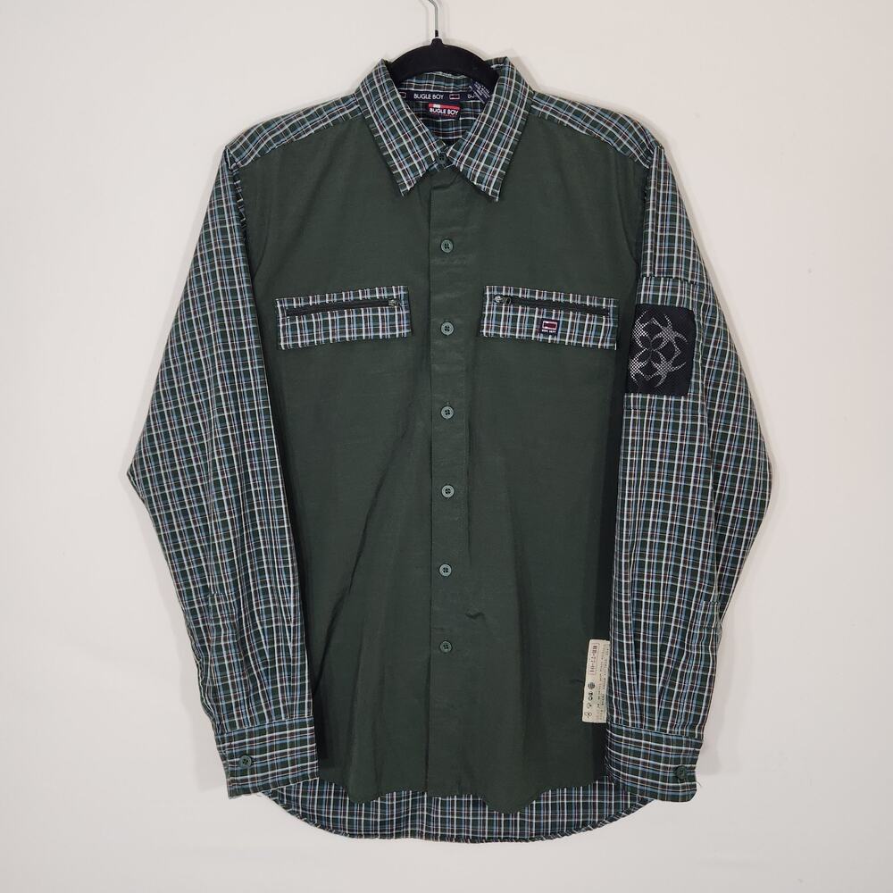 Vintage 2002 Bugle Boy Shirt Men's Size S Green Blue‎ Plaid Sleeve Button Up Y2K